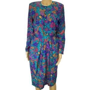 Blue Silk Floral Print Pleated Bodycon Dress Long Sleeve Shoulder Pads Size 8